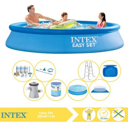 Intex Easy Set Zwembad - Opblaaszwembad - 305x61 cm - Inclusief Solarzeil, Onderhoudspakket, Zwembadpomp, Filter, Grondzeil, Onderhoudsset, Trap en Voetenbad