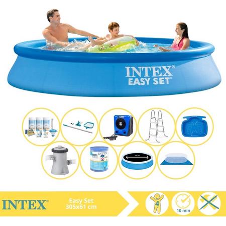 Intex Easy Set Zwembad - Opblaaszwembad - 305x61 cm - Inclusief Solarzeil Pro, Onderhoudspakket, Filter, Grondzeil, Onderhoudsset, Trap, Voetenbad en Warmtepomp HS