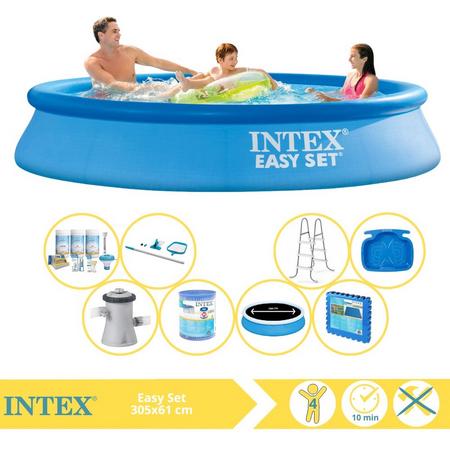 Intex Easy Set Zwembad - Opblaaszwembad - 305x61 cm - Inclusief Solarzeil Pro, Onderhoudspakket, Filter, Onderhoudsset, Trap, Voetenbad en Zwembadtegels