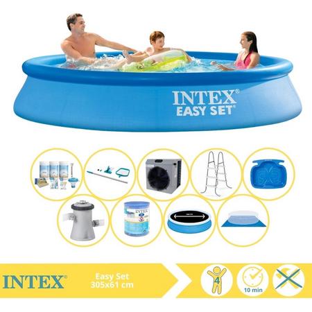 Intex Easy Set Zwembad - Opblaaszwembad - 305x61 cm - Inclusief Solarzeil Pro, Onderhoudspakket, Zwembadpomp, Filter, Grondzeil, Onderhoudsset, Trap, Voetenbad en Warmtepomp CP