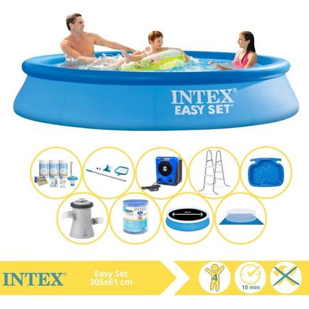 Intex Easy Set Zwembad - Opblaaszwembad - 305x61 cm - Inclusief Solarzeil Pro, Onderhoudspakket, Zwembadpomp, Filter, Grondzeil, Onderhoudsset, Trap, Voetenbad en Warmtepomp HS