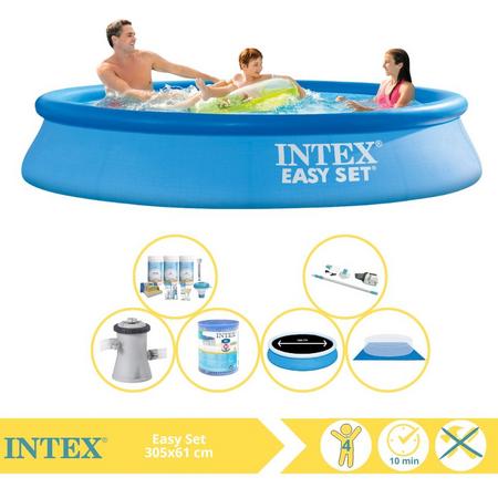 Intex Easy Set Zwembad - Opblaaszwembad - 305x61 cm - Inclusief Solarzeil Pro, Onderhoudspakket, Zwembadpomp, Filter, Grondzeil en Stofzuiger