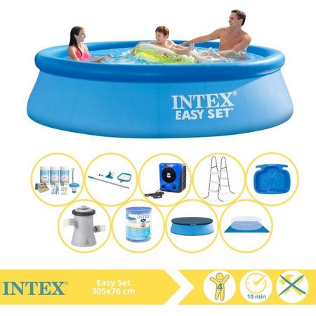 Intex Easy Set Zwembad - Opblaaszwembad - 305x76 cm - Inclusief Afdekzeil, Onderhoudspakket, Zwembadpomp, Filter, Grondzeil, Onderhoudsset, Trap, Voetenbad en Warmtepomp HS