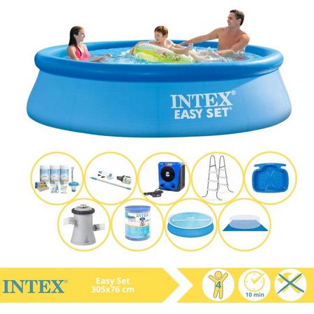 Intex Easy Set Zwembad - Opblaaszwembad - 305x76 cm - Inclusief Solarzeil, Onderhoudspakket, Zwembadpomp, Filter, Grondzeil, Stofzuiger, Trap, Voetenbad en Warmtepomp HS