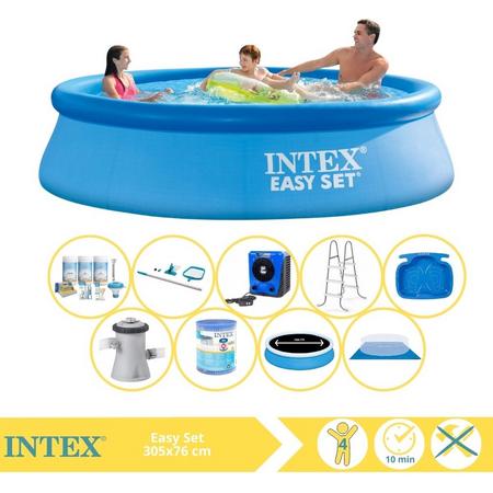 Intex Easy Set Zwembad - Opblaaszwembad - 305x76 cm - Inclusief Solarzeil Pro, Onderhoudspakket, Filter, Grondzeil, Onderhoudsset, Trap, Voetenbad en Warmtepomp HS