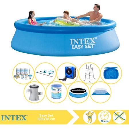 Intex Easy Set Zwembad - Opblaaszwembad - 305x76 cm - Inclusief Solarzeil Pro, Onderhoudspakket, Zwembadpomp, Filter, Grondzeil, Onderhoudsset, Trap, Voetenbad en Warmtepomp HS