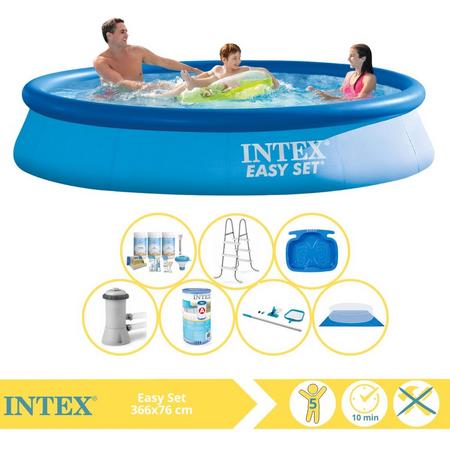 Intex Easy Set Zwembad - Opblaaszwembad - 366x76 cm - Inclusief Onderhoudspakket, Zwembadpomp, Filter, Grondzeil, Onderhoudsset, Trap en Voetenbad