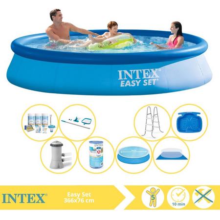 Intex Easy Set Zwembad - Opblaaszwembad - 366x76 cm - Inclusief Solarzeil, Onderhoudspakket, Zwembadpomp, Filter, Grondzeil, Onderhoudsset, Trap en Voetenbad