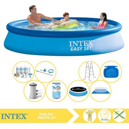 Intex Easy Set Zwembad - Opblaaszwembad - 366x76 cm - Inclusief Solarzeil Pro, Onderhoudspakket, Zwembadpomp, Filter, Grondzeil, Onderhoudsset, Trap en Voetenbad