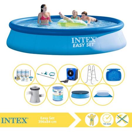 Intex Easy Set Zwembad - Opblaaszwembad - 396x84 cm - Inclusief Afdekzeil, Onderhoudspakket, Zwembadpomp, Filter, Grondzeil, Onderhoudsset, Trap, Voetenbad en Warmtepomp HS