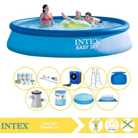 Intex Easy Set Zwembad - Opblaaszwembad - 396x84 cm - Inclusief Solarzeil, Onderhoudspakket, Zwembadpomp, Filter, Grondzeil, Stofzuiger, Trap, Voetenbad en Warmtepomp HS