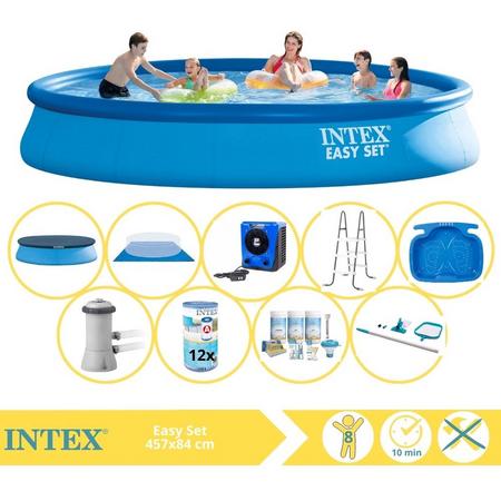 Intex Easy Set Zwembad - Opblaaszwembad - 457x84 cm - Inclusief Afdekzeil, Onderhoudspakket, Filter, Grondzeil, Onderhoudsset, Trap, Voetenbad en Warmtepomp HS
