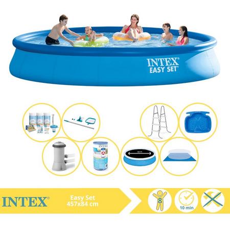 Intex Easy Set Zwembad - Opblaaszwembad - 457x84 cm - Inclusief Solarzeil Pro, Onderhoudspakket, Filter, Grondzeil, Onderhoudsset, Trap en Voetenbad