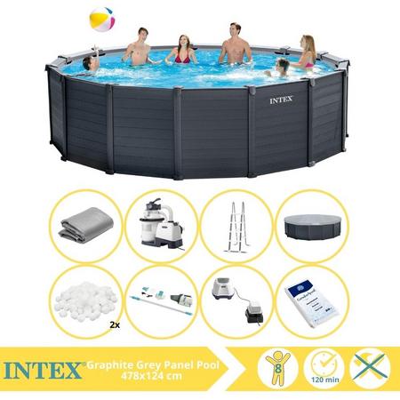 Intex Graphite Gray Panel Zwembad - Opzetzwembad - 478x124 cm - Inclusief Filterbollen, Stofzuiger, Zoutsysteem en Zout