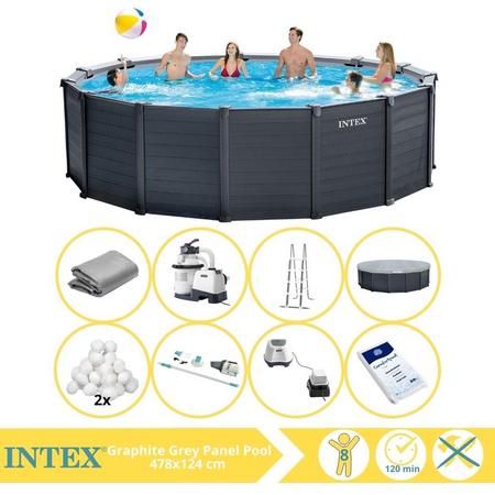 Intex Graphite Gray Panel Zwembad - Opzetzwembad - 478x124 cm - Inclusief Filterbollen, Stofzuiger, Zoutsysteem en Zout