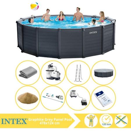 Intex Graphite Gray Panel Zwembad - Opzetzwembad - 478x124 cm - Inclusief Filterzand, Stofzuiger, Zoutsysteem en Zout