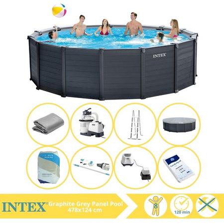 Intex Graphite Gray Panel Zwembad - Opzetzwembad - 478x124 cm - Inclusief Filterzand, Stofzuiger, Zoutsysteem en Zout