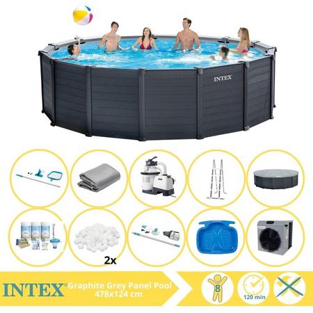 Intex Graphite Gray Panel Zwembad - Opzetzwembad - 478x124 cm - Inclusief Onderhoudspakket, Filterbollen, Onderhoudsset, Stofzuiger, Voetenbad en Warmtepomp CP
