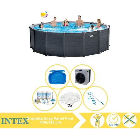 Intex Graphite Gray Panel Zwembad - Opzetzwembad - 478x124 cm - Inclusief Onderhoudspakket, Filterbollen, Onderhoudsset, Voetenbad en Warmtepomp CP