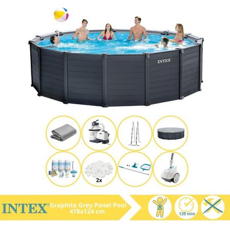 Intex Graphite Gray Panel Zwembad - Opzetzwembad - 478x124 cm - Inclusief Onderhoudspakket, Filterbollen, Onderhoudsset en Zwembad Stofzuiger