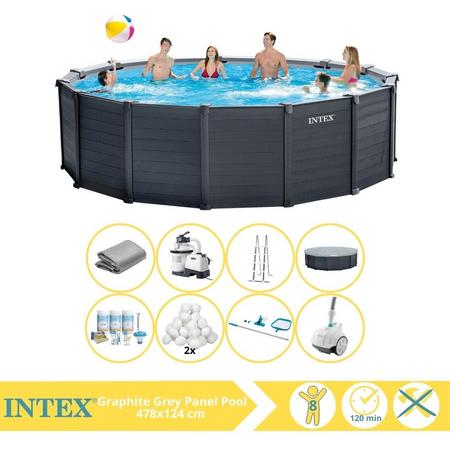 Intex Graphite Gray Panel Zwembad - Opzetzwembad - 478x124 cm - Inclusief Onderhoudspakket, Filterbollen, Onderhoudsset en Zwembad Stofzuiger