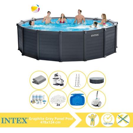 Intex Graphite Gray Panel Zwembad - Opzetzwembad - 478x124 cm - Inclusief Onderhoudspakket, Filterbollen, Zwembad Stofzuiger en Voetenbad