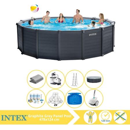 Intex Graphite Gray Panel Zwembad - Opzetzwembad - 478x124 cm - Inclusief Onderhoudspakket, Filterbollen, Zwembad Stofzuiger en Voetenbad