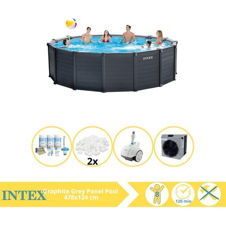Intex Graphite Gray Panel Zwembad - Opzetzwembad - 478x124 cm - Inclusief Onderhoudspakket, Filterbollen, Zwembad Stofzuiger en Warmtepomp CP