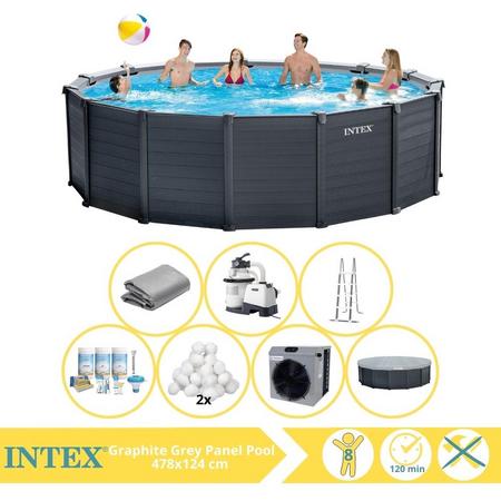 Intex Graphite Gray Panel Zwembad - Opzetzwembad - 478x124 cm - Inclusief Onderhoudspakket, Filterbollen en Warmtepomp CP