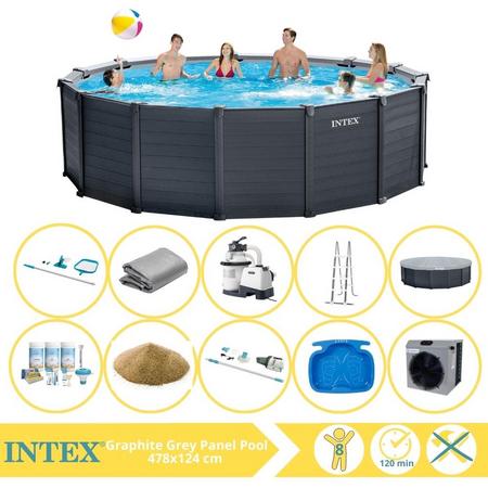 Intex Graphite Gray Panel Zwembad - Opzetzwembad - 478x124 cm - Inclusief Onderhoudspakket, Filterzand, Onderhoudsset, Stofzuiger, Voetenbad en Warmtepomp CP