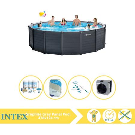 Intex Graphite Gray Panel Zwembad - Opzetzwembad - 478x124 cm - Inclusief Onderhoudspakket, Filterzand, Onderhoudsset en Warmtepomp CP