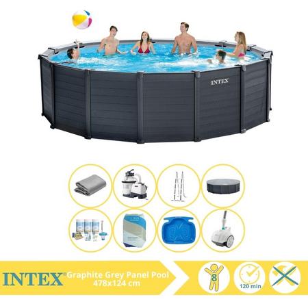 Intex Graphite Gray Panel Zwembad - Opzetzwembad - 478x124 cm - Inclusief Onderhoudspakket, Filterzand, Zwembad Stofzuiger en Voetenbad