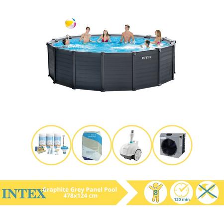 Intex Graphite Gray Panel Zwembad - Opzetzwembad - 478x124 cm - Inclusief Onderhoudspakket, Filterzand, Zwembad Stofzuiger en Warmtepomp CP