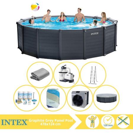 Intex Graphite Gray Panel Zwembad - Opzetzwembad - 478x124 cm - Inclusief Onderhoudspakket, Filterzand en Warmtepomp CP