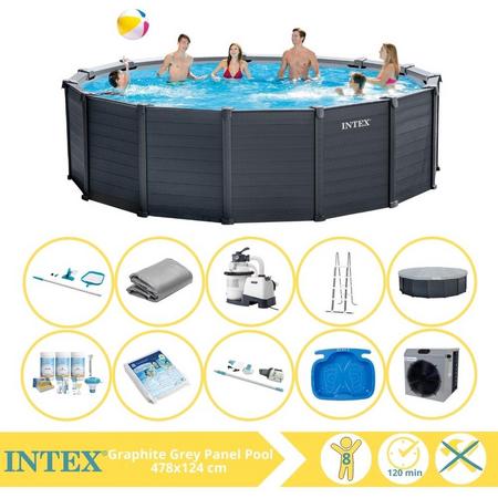 Intex Graphite Gray Panel Zwembad - Opzetzwembad - 478x124 cm - Inclusief Onderhoudspakket, Glasparels, Onderhoudsset, Stofzuiger, Voetenbad en Warmtepomp CP