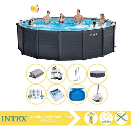 Intex Graphite Gray Panel Zwembad - Opzetzwembad - 478x124 cm - Inclusief Onderhoudspakket, Glasparels, Zwembad Stofzuiger en Voetenbad