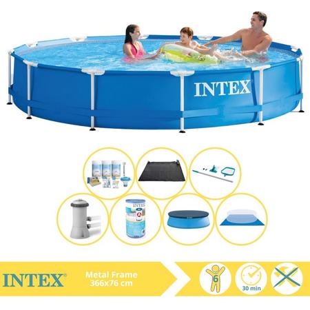 Intex Metal Frame Zwembad - Opzetzwembad - 366x76 cm - Inclusief Afdekzeil, Onderhoudspakket, Zwembadpomp, Filter, Grondzeil, Onderhoudsset en Solar Mat