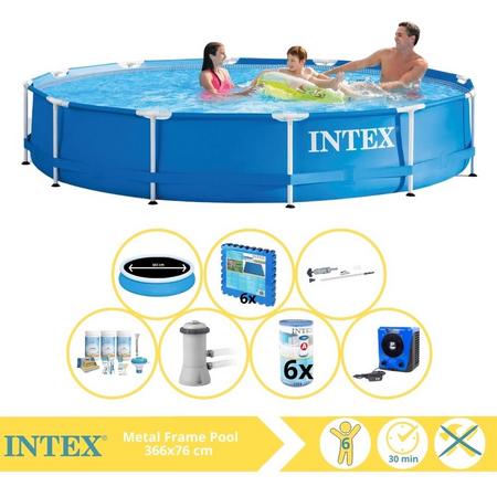Intex Metal Frame Zwembad - Opzetzwembad - 366x76 cm - Inclusief Solarzeil Pro, Onderhoudspakket, Zwembadpomp, Filter, Stofzuiger, Zwembadtegels en Warmtepomp HS