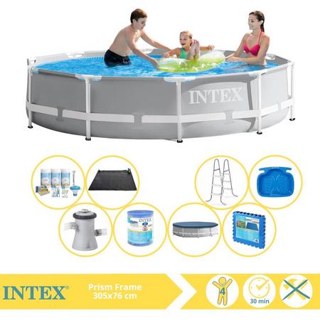 Intex Prism Frame Zwembad - Opzetzwembad - 305x76 cm - Inclusief Afdekzeil, Onderhoudspakket, Filter, Solar Mat, Trap, Voetenbad en Zwembadtegels