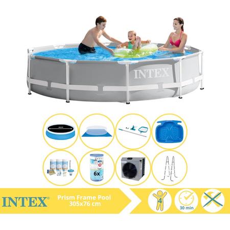 Intex Prism Frame Zwembad - Opzetzwembad - 305x76 cm - Inclusief Solarzeil Pro, Onderhoudspakket, Filter, Grondzeil, Onderhoudsset, Trap, Voetenbad en Warmtepomp CP