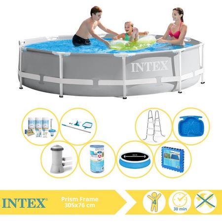 Intex Prism Frame Zwembad - Opzetzwembad - 305x76 cm - Inclusief Solarzeil Pro, Onderhoudspakket, Filter, Onderhoudsset, Trap, Voetenbad en Zwembadtegels