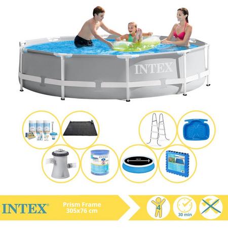 Intex Prism Frame Zwembad - Opzetzwembad - 305x76 cm - Inclusief Solarzeil Pro, Onderhoudspakket, Filter, Solar Mat, Trap, Voetenbad en Zwembadtegels