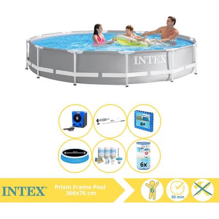 Intex Prism Frame Zwembad - Opzetzwembad - 366x76 cm - Inclusief Solarzeil Pro, Onderhoudspakket, Filter, Stofzuiger, Zwembadtegels en Warmtepomp HS