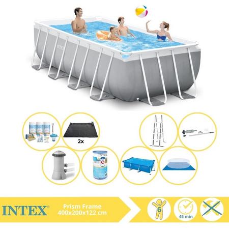 Intex Prism Frame Zwembad - Opzetzwembad - 400x200x122 cm - Inclusief Solarzeil, Onderhoudspakket, Filter, Grondzeil, Stofzuiger en Solar Mat