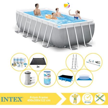 Intex Prism Frame Zwembad - Opzetzwembad - 400x200x122 cm - Inclusief Solarzeil Pro, Onderhoudspakket, Filter, Grondzeil, Stofzuiger en Solar Mat
