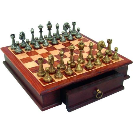 Luxe schaakset - Staunton stukken klassiek goud en zilver met houten schaakbord opbergbox (met lade)