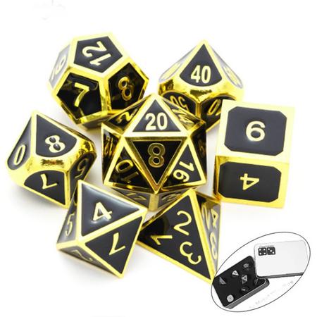 Polyhedral Dobbelstenen Set - 7 stuks - Voor D&D - Roleplaying - Metaal Zwart Met Gouden Randen - In Premium Doos