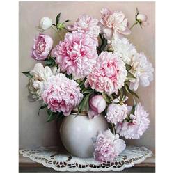 Schilderen op nummer - Witte en roze bloemen in vaas - 40 x 50 centimeter
