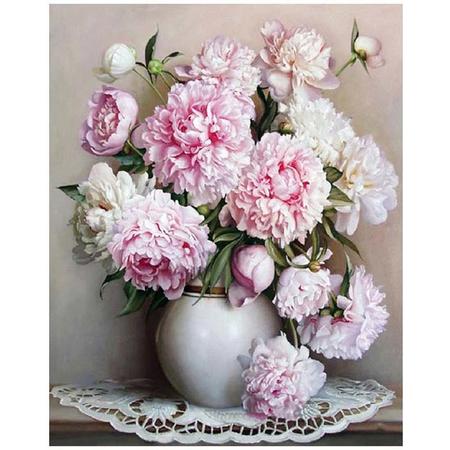 Schilderen op nummer - Witte en roze bloemen in vaas - 40 x 50 centimeter