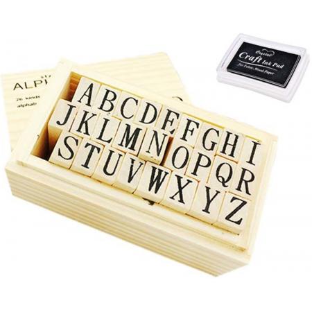 Stempelset alfabet houten doos - A tot Z – letters - Inclusief zwarte stempelkussen